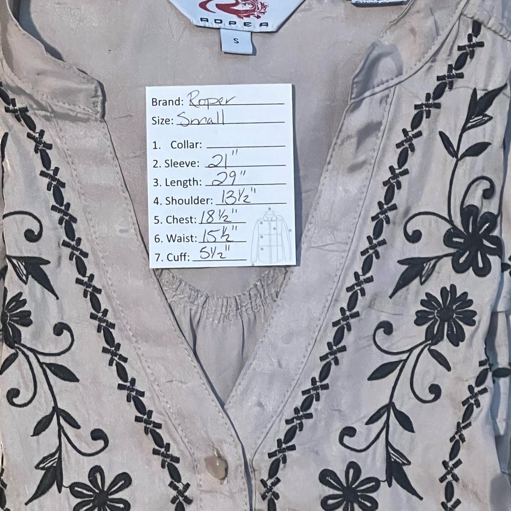 Roper Tan Tunic Blouse with Black Floral Embroidery 3/4 Sleeve - Picture 9 of 9